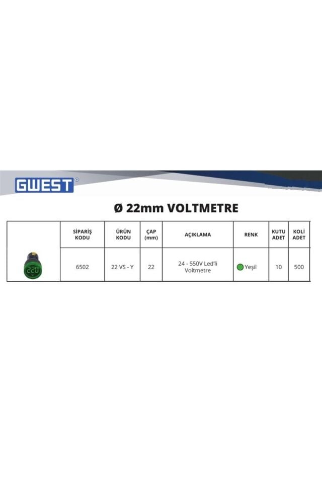 Gwest Voltmetre Q22MM Yeşil 22 VS - Y 6602
