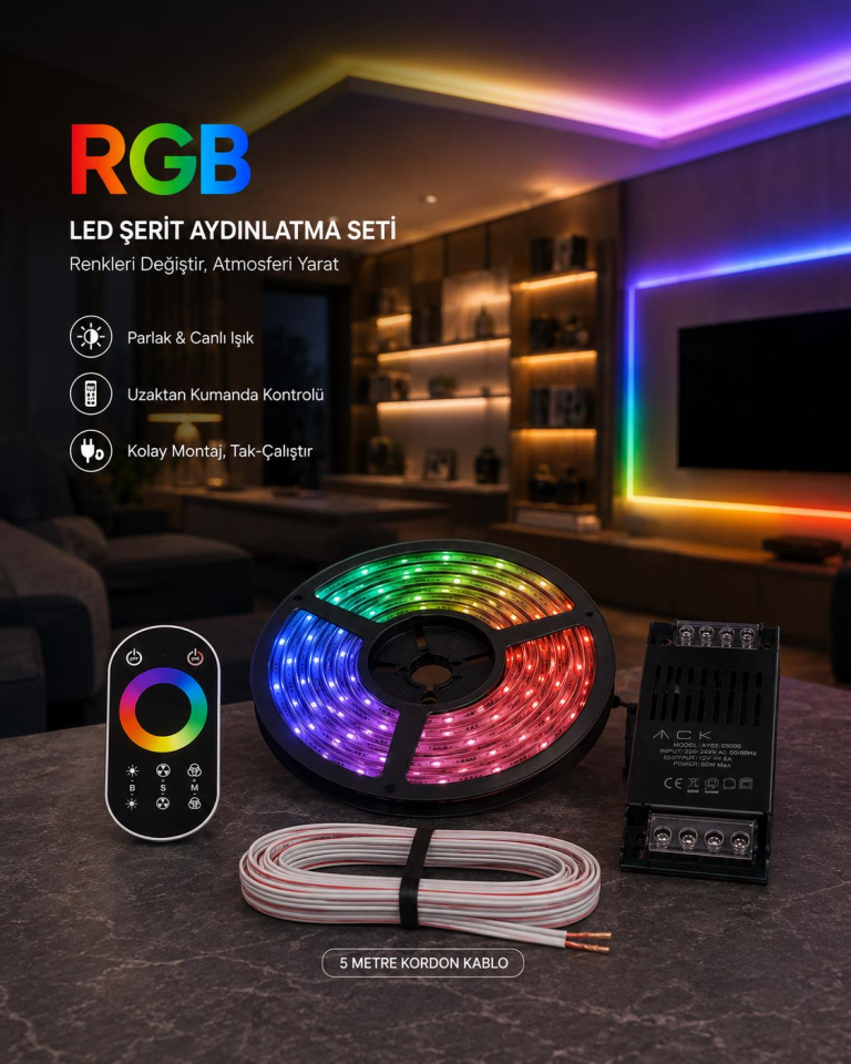 Ack 5 Mt Şerit Led / 5A Led Trafosu / 0,75 kordon kablo / Kumanda Modül Set