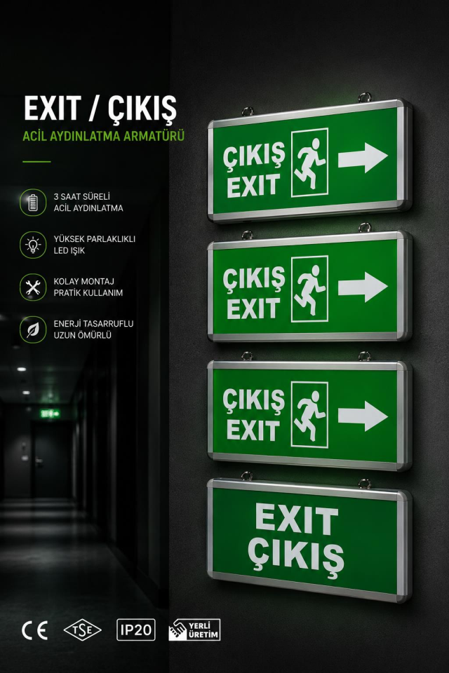 Pelsan Exit Yönlendirme Armatürü 3 Ad Yana Exit Ok Yönlendirme 1 Ad. Exit Çıkış Armatür