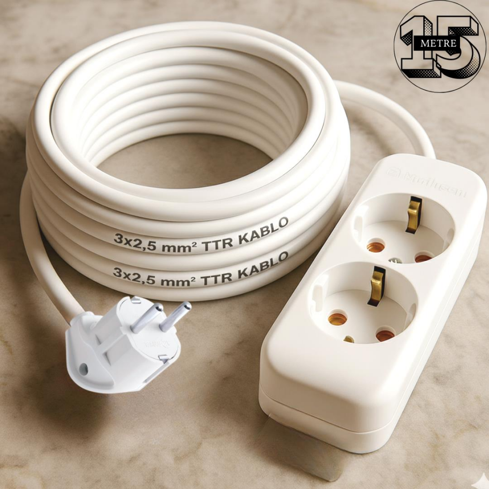 Acaroğlu - 15 Metre 3x2,5mm² TTR Kablo | İkili Uzatma Grup Priz