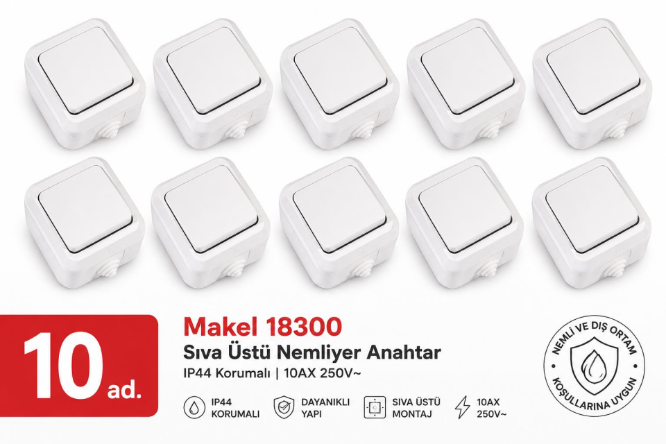 **Makel Sıva Üstü Nemliyer Anahtar 18300 10’lu Paket – IP44, 10AX 250V, Nemli ve Dış Ortam Kullanımına Uygun**