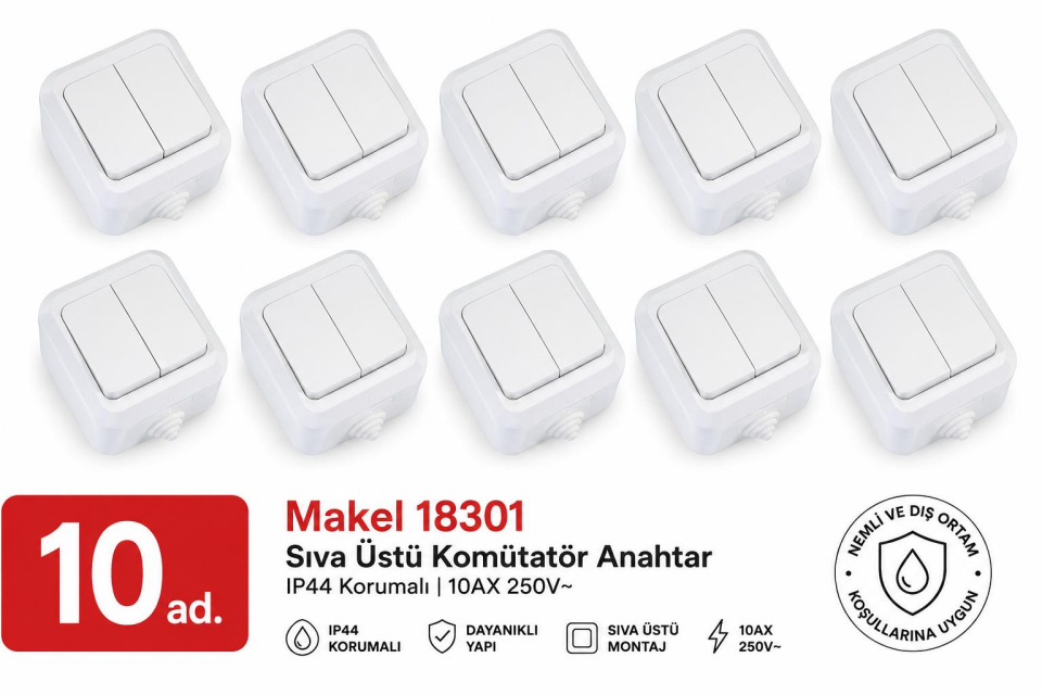 **Makel 18301 Nemliyer Beyaz Komütatör 10’lu Paket – IP44 Korumalı, 10AX 250V, Sıva Üstü, Nemli ve Dış Ortam Kullanımına Uygun**