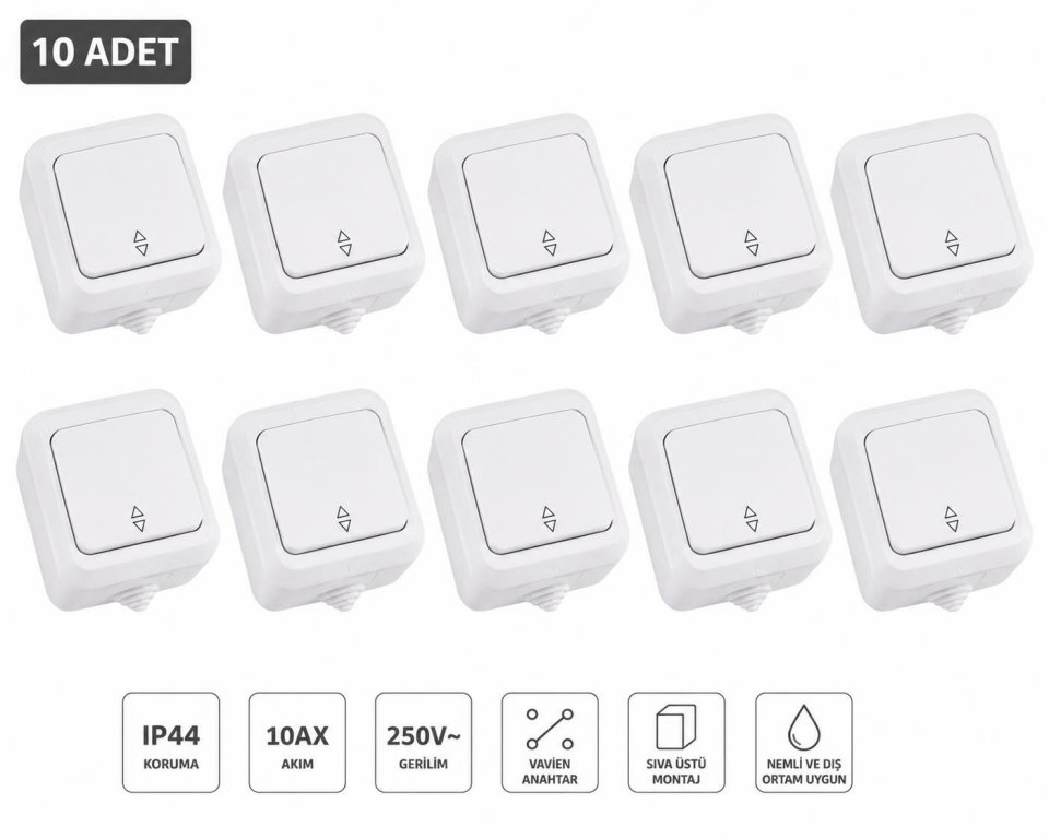 Makel Nemliyer Serisi Beyaz Vavien Anahtar 18303 10’lu Paket – IP44 Korumalı, 10AX 250V, Sıva Üstü Montajlı, Nemli ve Dış Ortam Koşullarına Uygun Dayanıklı Elektrik Anahtarı