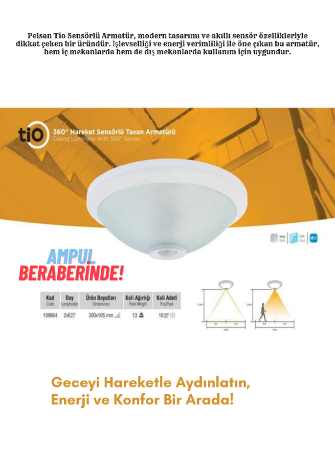 Pelsan Tio PTS Tavan Armatür 1099641 + Ack 9w Led Ampul 880 Lümen Set